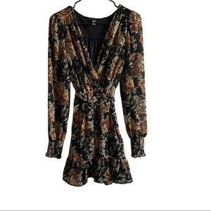 Windsor black Long sleeve floral tie around waist dress